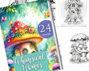 Enchanted Fairy Houses Coloring Book | Download Grayscale Illustration | Instant Download Printable Pdf | House Flowers | Procreate Coloring
