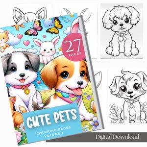 Animal Coloring Book | Printable Pdf | Digital Download | Grayscale + Full Color Pages | Pet Coloring Book | Pets Coloring Pages