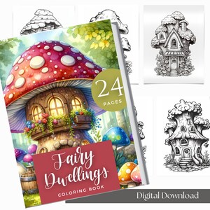 Enchanted Fairy Houses Coloring Book | Download Grayscale Illustration | Instant Download Printable Pdf | House Flowers | Procreate Coloring