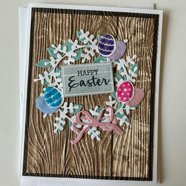 Easter Card | Wreath | Wooden | Embossed | Easter Eggs | Bow | Handmade | Hand Crafted | Layered