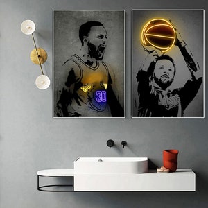 Stephen Curry Impresión en blanco y negro Arte de baloncesto con toques de neón, decoración de la habitación de los Basketball Warriors