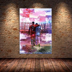 Messi and Ronaldo Soccer Canvas Print, Soccer Athletes Sports Poster, Soccer Gifts for Boys Room Decor Active