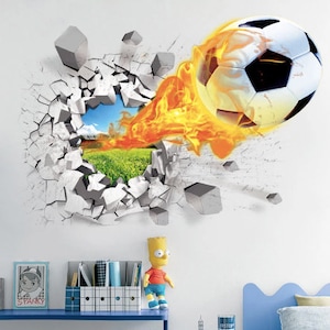 Adesivo murale rotto di calcio 3D per la stanza dei bambini, decalcomania da parete realistica dell'illusione ottica della parete rotta, per l'ufficio della camera da letto dei ragazzi e la palestra active
