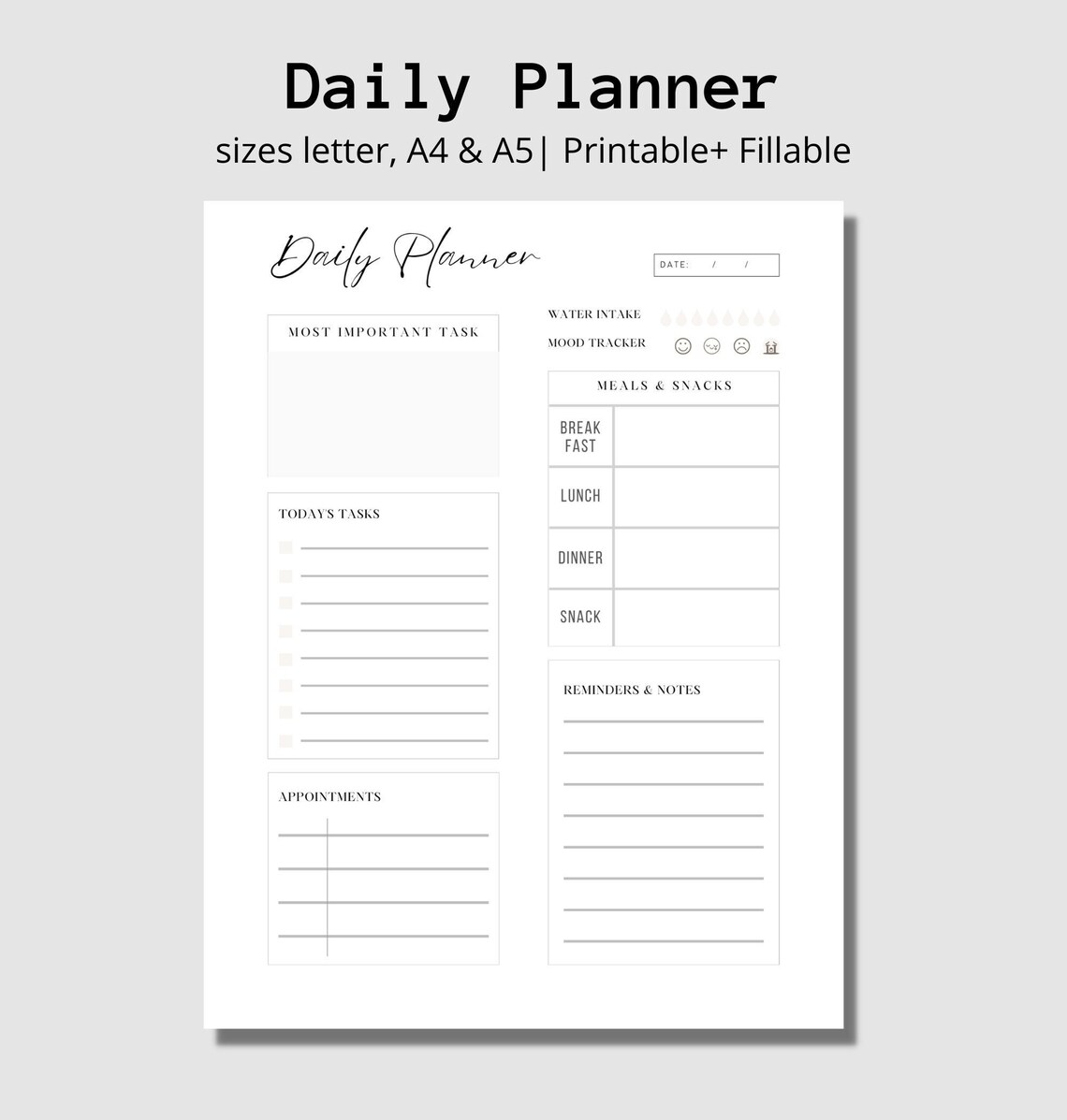 Printable & Fillable Daily Planner Instant Download Etsy
