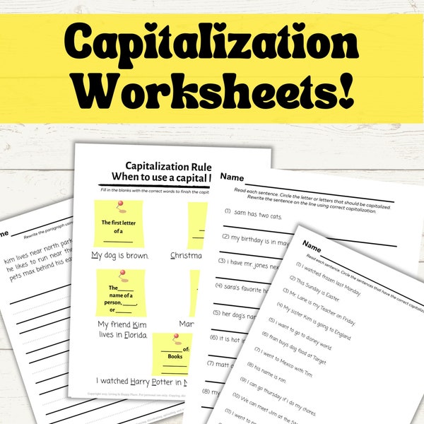 Capitalization Worksheets Printable Homeschool or Classroom Teacher Resource, English Grammar Capital Letter Rules Practice Pages Digital