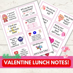 Puede incluir: Un conjunto de notas para la lonchera del Día de San Valentín para imprimir con lindas ilustraciones y mensajes. Las notas incluyen frases como "¡Te amo hasta la luna y de regreso!" y "¡Eres el mejor "berry" Valentín!"