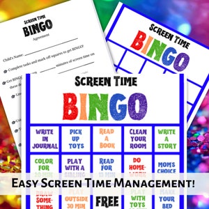 Screen Time BINGO! Printable Screen Time Game for kids and parents. Screen Time Management Chart, Rules, Agreement to earn screen time