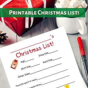 Druckbare Weihnachtsgeschenk-Wunschliste für Kinder. Liste für Santa. Sofortiger Download digitaler Download Weihnachtswunschliste Kinder mit Größen und Ideen