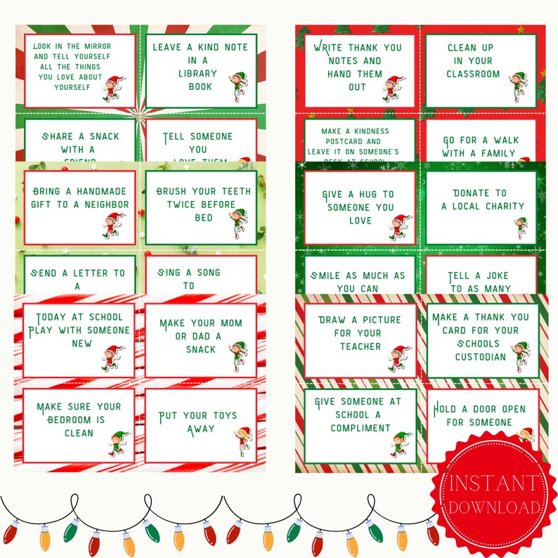 Christmas Elf Printable Cards, Elf Acts of Kindness Cards, Instant ...