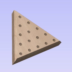 May include: A wooden triangular rack with 18 round holes, likely for holding small items like pencils or tools.