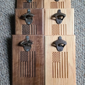 Carved wood flag bottle opener