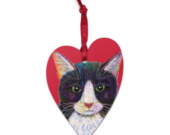 Tuxedo Cat Wooden Heart Ornament and Magnet