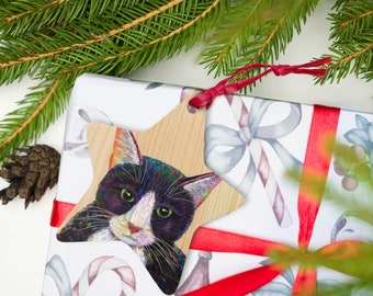 Tuxedo Cat Wooden Star Ornament and Magnet