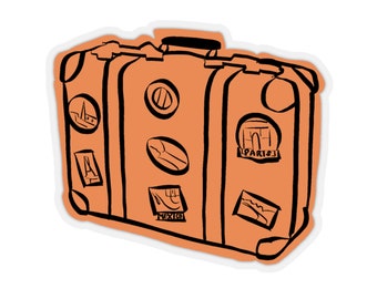 May include: A brown suitcase with black outlines and various travel stickers. The stickers include images of a building, a plane, and the words "Paris" and "Mexico".
