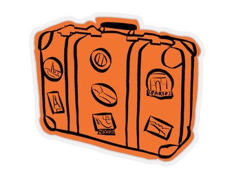 May include: Orange sticker of a vintage suitcase with black outlines and travel-themed stickers. The stickers include images of a building, a coffee bean, and the Eiffel Tower with the word "PARIS".