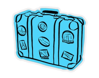 May include: A blue suitcase with black handles and various stickers on it. The stickers include images of the Eiffel Tower, the Statue of Liberty, and the Great Wall of China. The text on the stickers reads "Paris", "Mexico", and "A".
