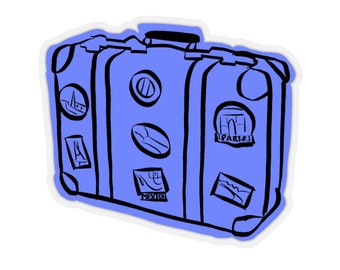 May include: A blue suitcase with black outlines and various travel stickers. The stickers include images of a sailboat, a building, a plane, and the words "Mexico", "Paris", and "A".