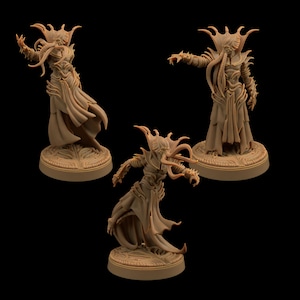May include: Three detailed miniature figures of a creature with tentacles and a flowing robe. The figures are painted in a brown color and are posed in different dynamic stances.