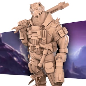 May include: A brown, reptilian humanoid figure wearing a futuristic, armored suit. The figure is holding a large, bladed weapon in one hand and a smaller, cylindrical weapon in the other. The figure is standing against a purple and blue background.