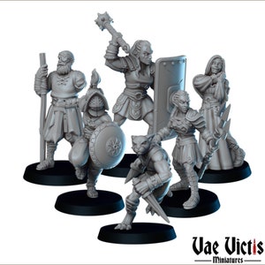 May include: A set of six grey painted miniature figurines, each with a unique design and pose. The figurines are standing on black circular bases. The figurines are part of a fantasy role-playing game.
