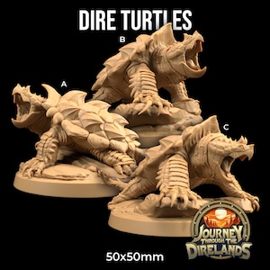 May include: Three detailed miniature sculptures of dire turtles, each with a snarling open mouth, on a 50x50mm base. The turtles are painted in a light brown color and have a textured shell. The bases are also painted in a light brown color. The text "Journey Through The Direlands" is visible on the base of one of the turtles.