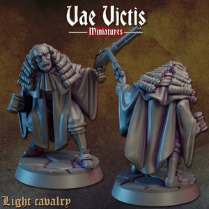 May include: A gray plastic miniature figurine of a person wearing a long robe and a large wig, holding a gun in one hand and a hammer in the other. The figurine is standing on a round base. The text "Vae Victis - Miniatures" and "Light Cavalry" are visible in the image.