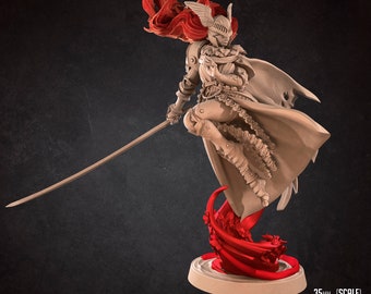 May include: A 35mm scale miniature of a female warrior with red hair and a flowing white cape. She is holding a sword and standing on a base with a red flame effect. The miniature is 40mm tall and measures 71.66mm x 55.86mm x 46.94mm.