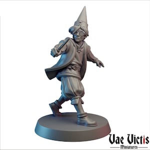 May include: A gray 3D printed miniature of a young wizard wearing a pointed hat and glasses, holding a wand in their right hand. The miniature is standing on a round base.