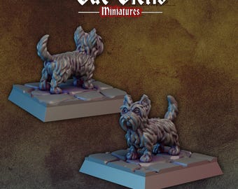 May include: Two gray, detailed miniature figurines of a small, furry dog with a long, bushy tail. The dog is standing on a gray, textured base that resembles stone.