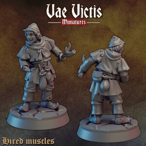 May include: A gray plastic miniature figurine of a person wearing a hooded cloak and holding a weapon. The figurine is standing on a round base. The text "Vae Victis - Miniatures" and "Hired muscles" are visible in the image.