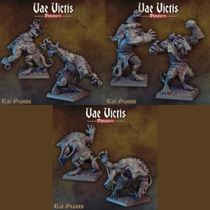 May include: Three grey painted miniatures of rat giants, each with a different pose. The miniatures are standing on a grey base with the text "Rat Giants" and "Vae Victis Miniatures" printed on the base.