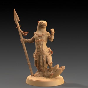 May include: A brown painted figurine of a female otter warrior holding a spear and standing on a broken seashell. The otter is wearing a leather skirt and a breastplate.
