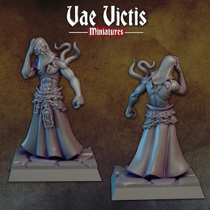 May include: A grey 3D printed miniature of a hooded figure with tentacles, wearing a long robe and a chain belt. The figure is standing on a grey base. The miniature is part of a set called "Vae Victis Miniatures".