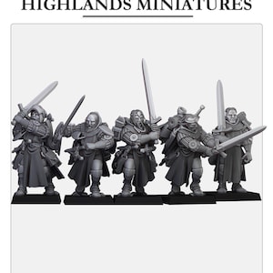 May include: Five gray plastic miniature figures of men wearing armor and holding swords. The figures are standing on a white background. Highlands Miniatures is printed at the top of the image.