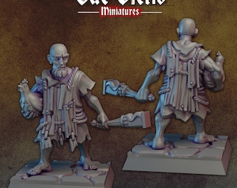 May include: Two gray painted miniature figures of a person holding a chicken and a club. The figures are standing on gray bases. The figures are part of a set of miniatures called "Vae Victis Miniatures".