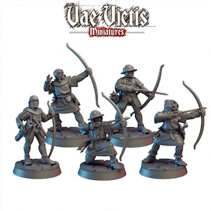 May include: Five grey plastic miniature figures of archers, each with a bow and arrow, standing on round bases. The figures are posed in different stances, some with their bows drawn and others with their arrows nocked. The figures are all wearing medieval-style clothing and armor.
