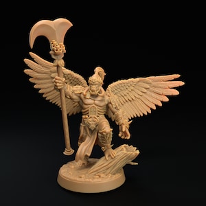 May include: A miniature figurine of a winged, armored creature holding a curved weapon. The figure is painted in a light brown color and stands on a circular base.