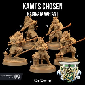 May include: Five unpainted plastic miniatures of samurai warriors holding naginata weapons. The miniatures are posed in various fighting stances. The miniatures are 32mm in size and are compatible with One Page Rules.