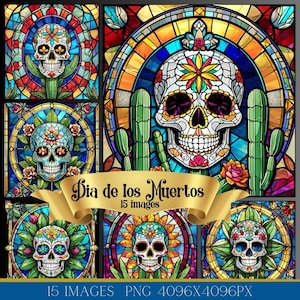 Dia de los muertos, halloween stained glass sublimation art bundle png, catrina calavera, sugar skull digital art, hispanic heritage month
