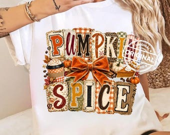 Pumpkin Spice PNG, Fall Collage, Bow Sublimation Design, Rustic Patchwork Autumn Coffee Shirt Graphic