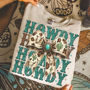 Turquoise Glitter Howdy PNG: Cowgirl Bow, Cactus, Cow Skull (Digital Download