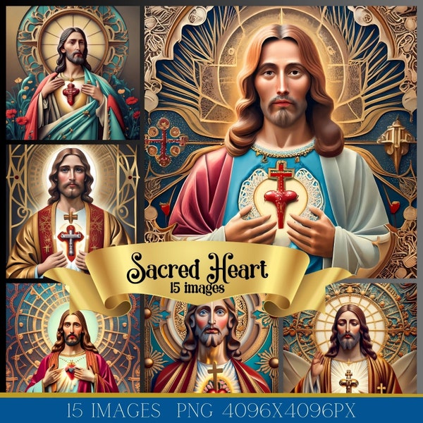 Sacred Heart of Jesus png, Christian digital art, Religious vintage digital wall art , instant download, 15 images, Holy Spirit, God is good