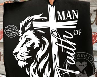 Man of Faith Lion Cross PNG, Christian Men's Shirt, Bible Verse, Bold Christian Apparel