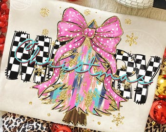 Retro Christmas Tree PNG with Pink Bow and Gold Glitter, Checkerboard Merry Christmas, Festive Holiday Sublimation Design