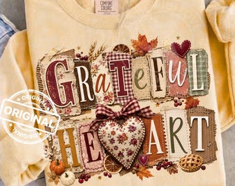 Grateful Heart Fall PNG, Rustic Patchwork Thanksgiving Scrapbook Design, Cottagecore Autumn Collage Shirt Graphic