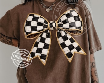 Black White Checkered Bow PNG Gold Trim Coquette Trendy Chic Digital Download Clipart