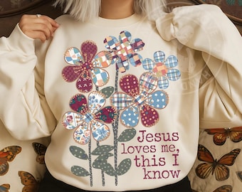 Retro Boho Christian PNG: Jesus Loves Me, Cottagecore Flowers (Digital Download)