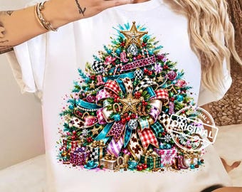 Western Christmas Tree PNG, Pink Cow Print, Teal Leopard Holiday Sublimation Design, Festive Cowgirl