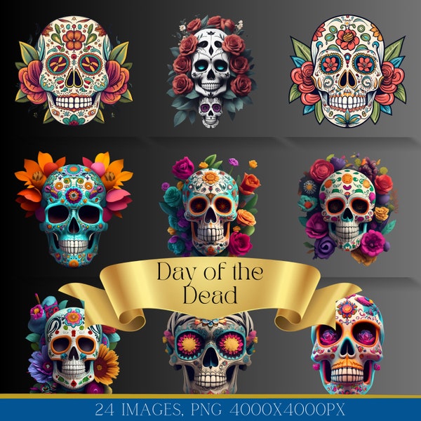 Dia de los muertos clipart bundle png, 24 images, sugar skull digital art, day of the dead png, hispanic heritage month