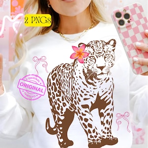 Paquete PNG de leopardo de moda con flores tropicales, diseño de camiseta con lazo femenino y coqueta.